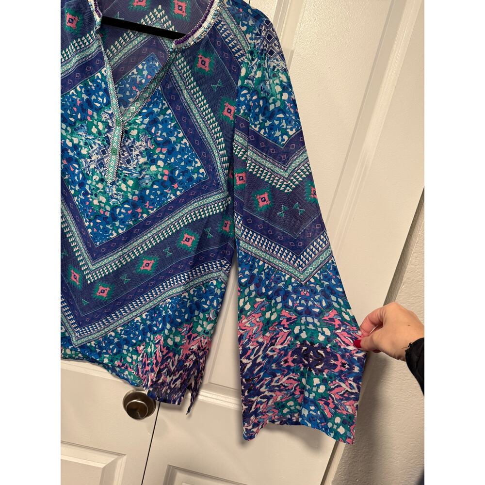 Hale Bob S Beaded Silk Flowy Tunic Top $278 Button Collar Boho Blouse Blue - Picture 6 of 9